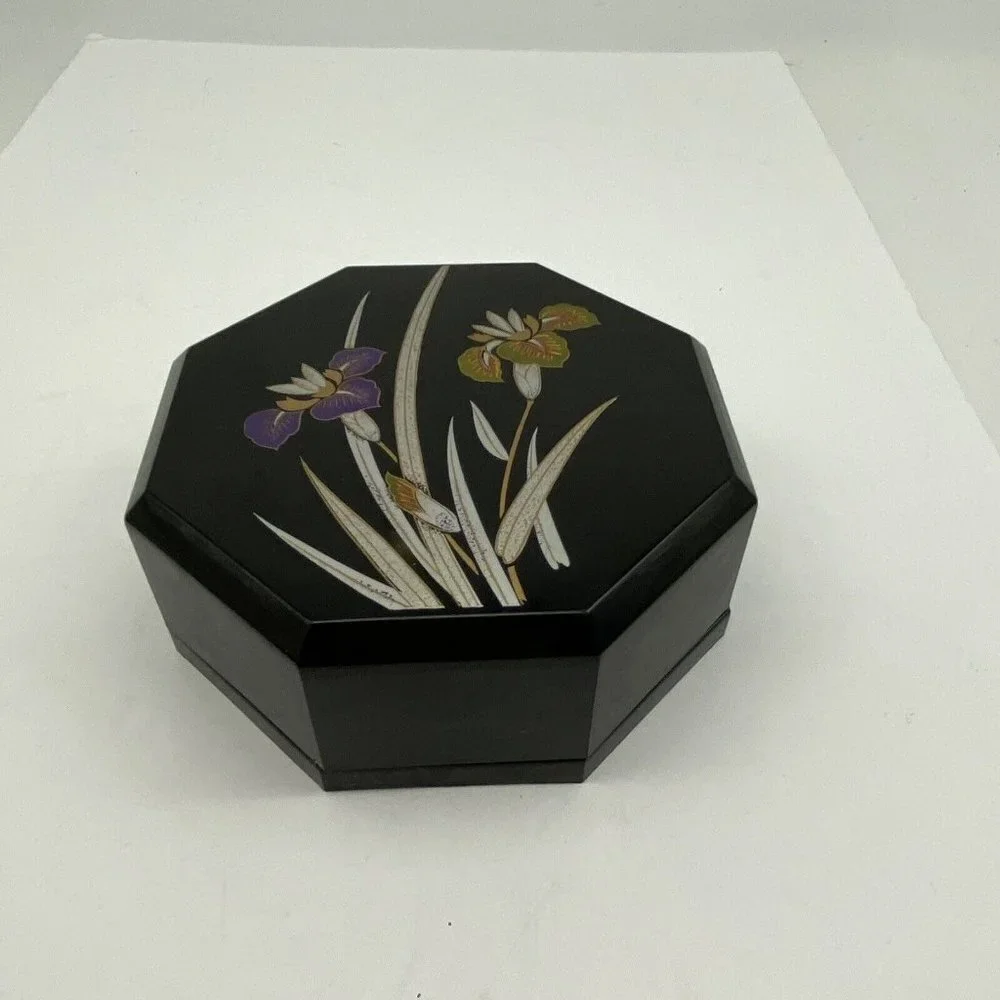 VTG‎ Yamanaka Japan Lacquerware Nesting Boxes Black Floral Trinket 2pc 70s *flaw